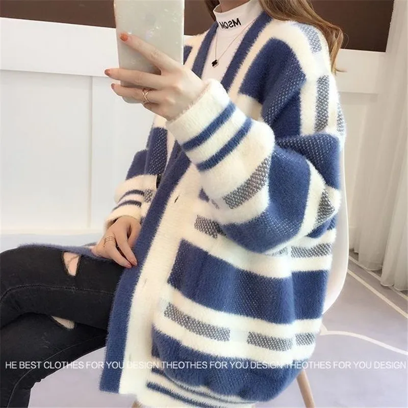 Harajuku Black White Plaid Sweater Cardigan Coat Korean Fashion Loose V-neck Imitation mink velvet Jacket Autumn Winter Knit Top