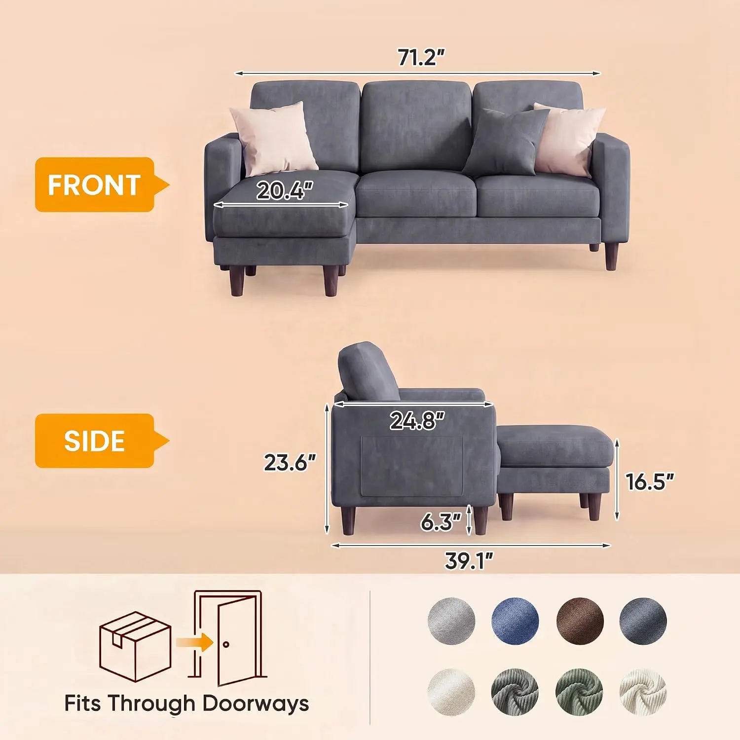 L Shaped Small Sofa With Reversible Chaise, Movable Ottoman & Side Pockets, Linen Fabric For Apartment Living Room, Customized
