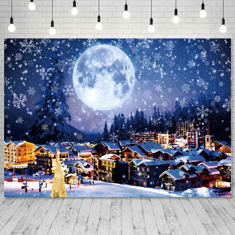 1 Stück 2D klassischer Stoff-Weihnachtsdorf-Hintergrund – verschneite Nachtszene, Fotografie-Hintergrund, Weihnachtsthema, Party-Dekoration, Nr