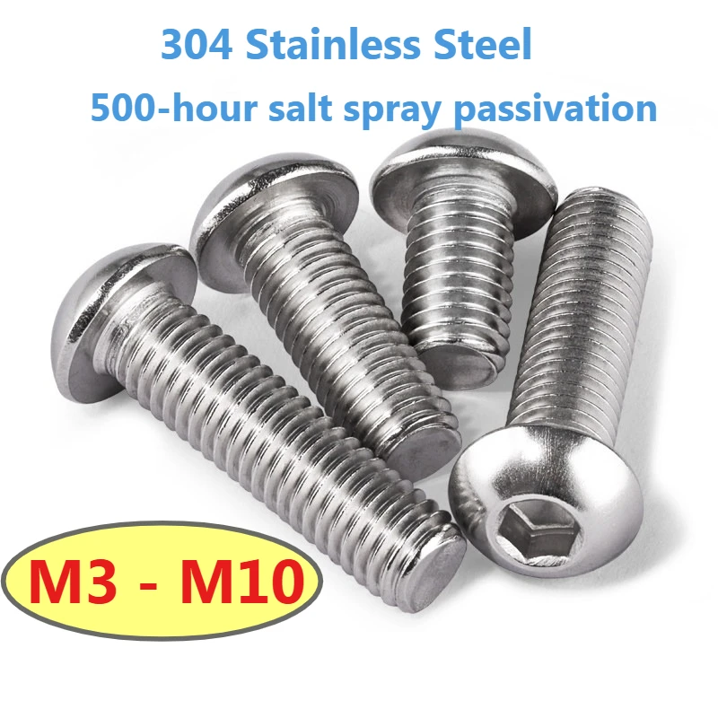 304 Stainless Steel passivation Round Pan Head Hex Socket Screws Mushroom Head Hexagon Socket Button Head Bolt GB70.2/DIN7380