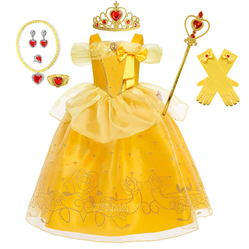 Kids Princess Dresses Girls Belle Party Costume Children Christmas Birthday Flower Clothes Beauty and the Beast Fancy Disguise