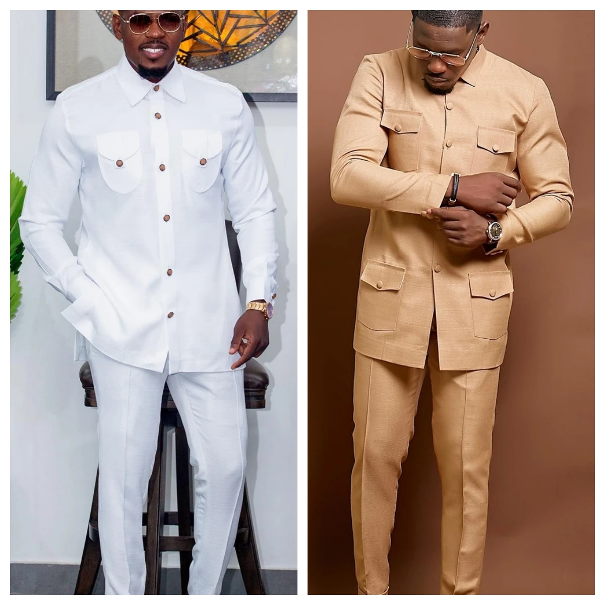 New Men's Wedding Dress Single-breasted Suit Two-piece Suit Shirt Solid Color Iong Sleeve Social African National Style Clothing