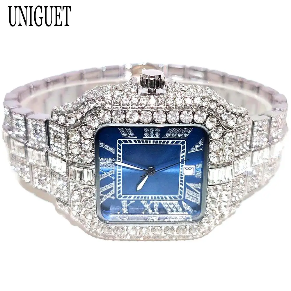 UNIGUET Fashion Blue Watch For Men Hip Hop Ice Diamond Quartz Watch Luxury Roman Literal Square Wristwatch Man Gift Dropshipping