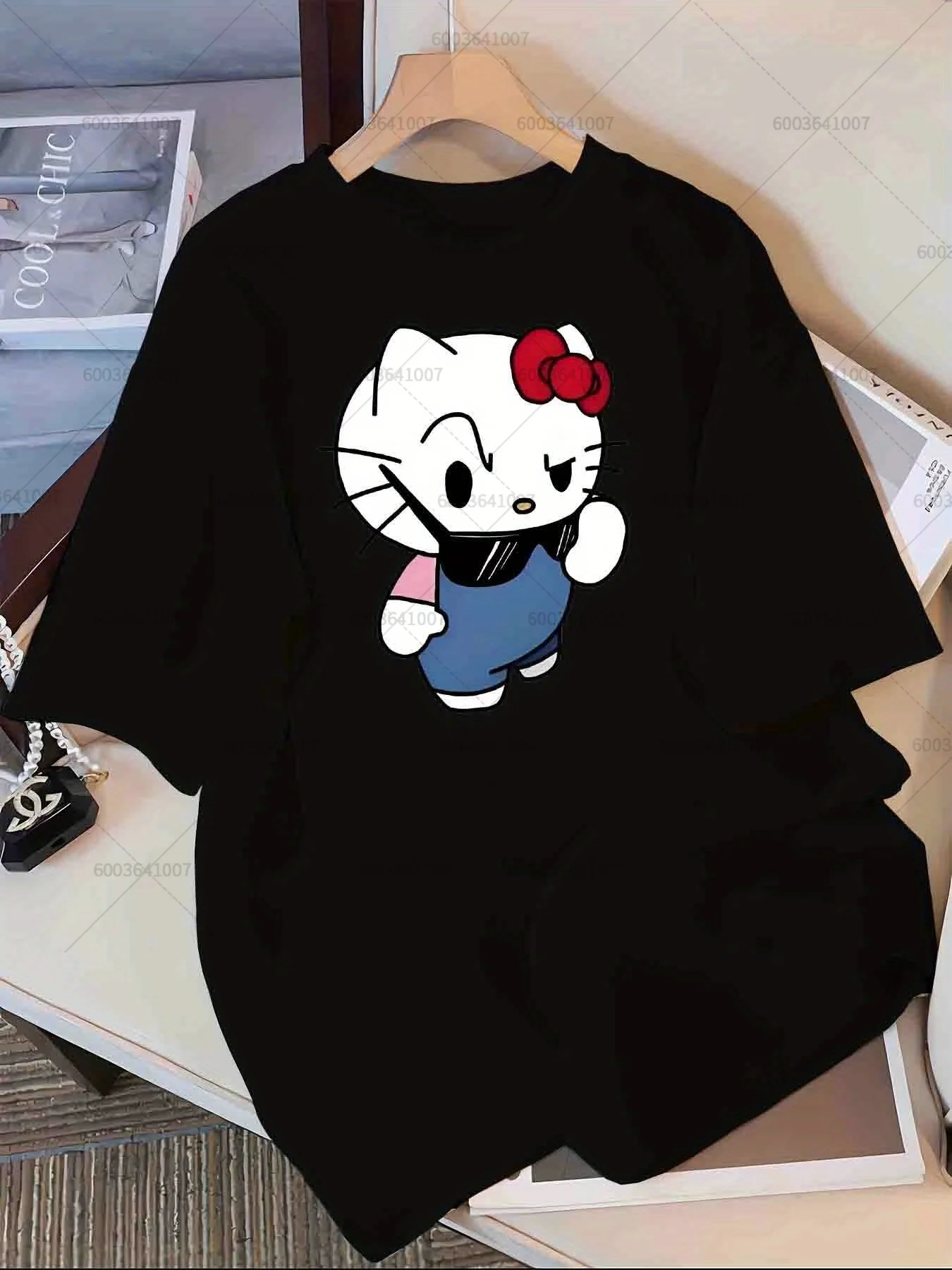 

Футболка Sanrio Hello Kitty, мужские и женские хлопковые топы с круглым вырезом, футболки для пар, повседневные подарки большого размера, летняя модная одежда с короткими рукавами