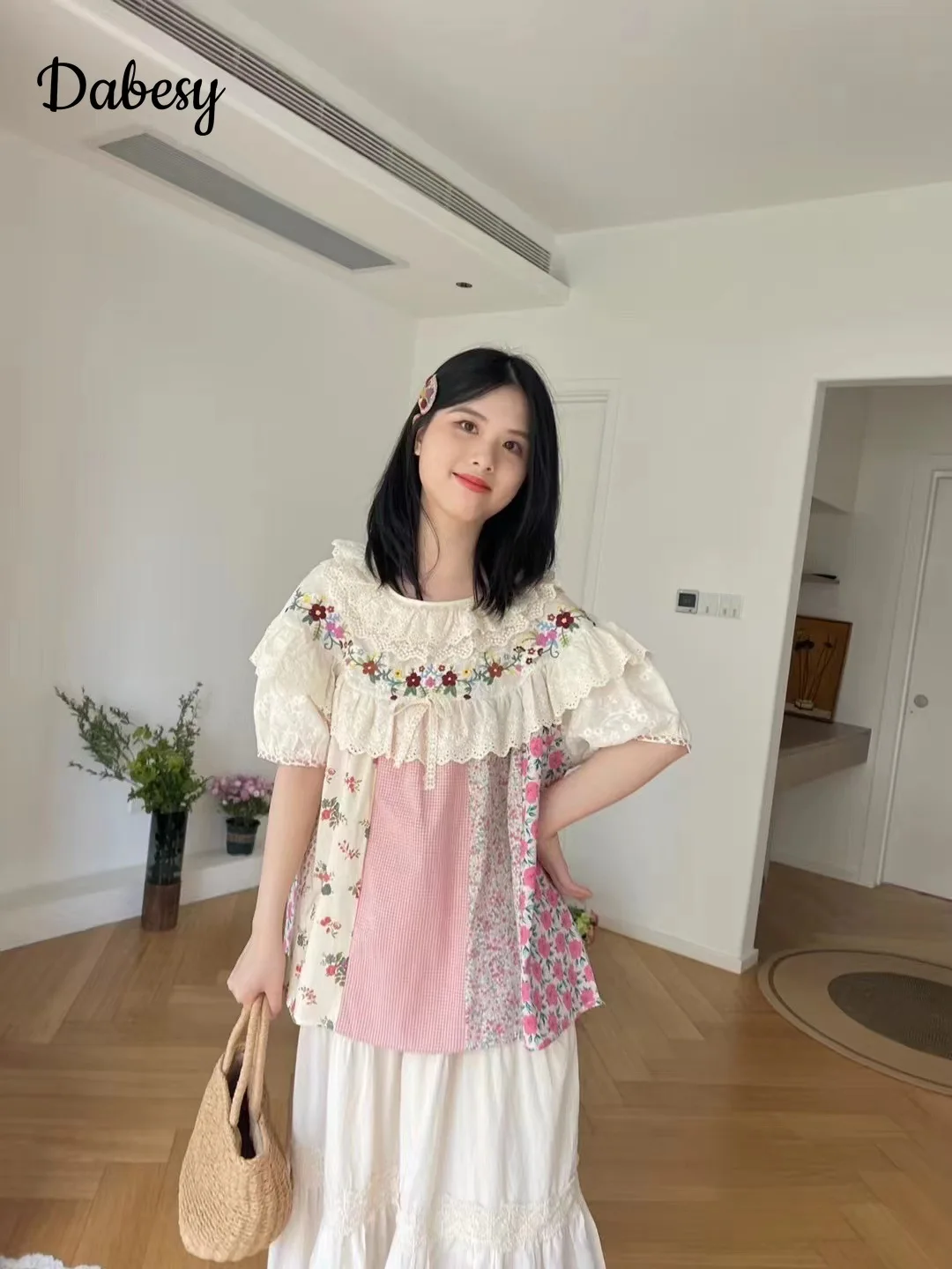 Vintage Embroidery Lace Ruffled lolita clothing Women Mori Girl Patchwork Flower Shirt Sweet Puff Sleeve Kawaii Cotton Linen Top