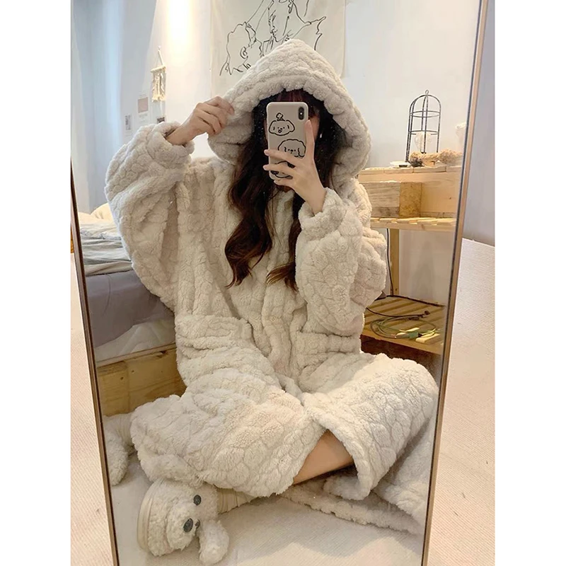 Hooded Robe for Women Sleepwear Nightdress Winter Night Wears Warm Fleece Pajama One Piece Nightgown Pocket Long Sleeve Homewear