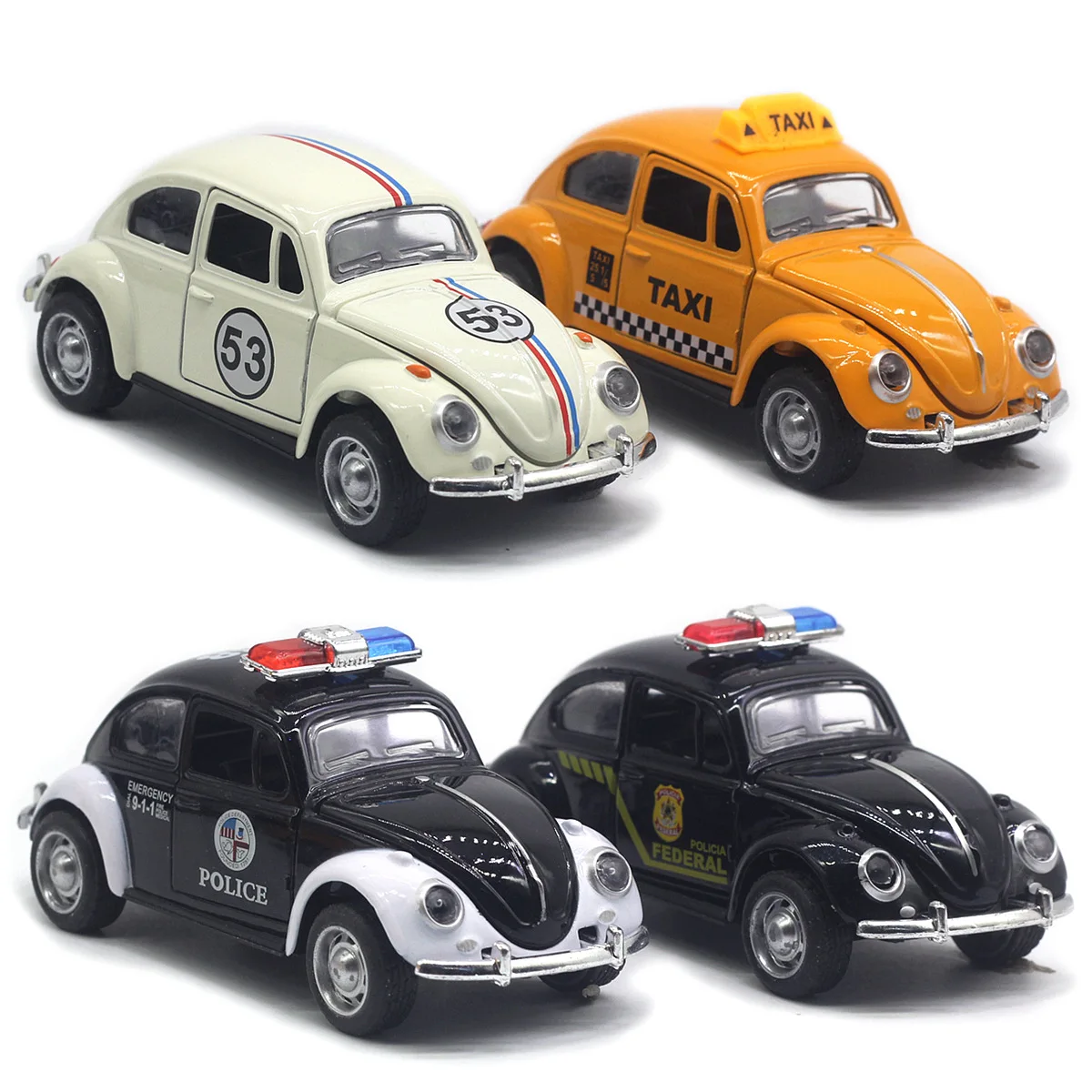 1: 32 lega Volkswagen Beetle, auto della polizia classica, taxi, auto da corsa, modello di auto a rimbalzo, regalo giocattolo per bambini