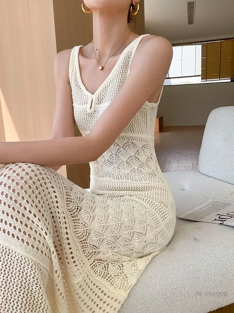 

Off-white Design Slim-fit Hollow-out Sleeveless Tank Dress Women's Summer Dress Beach Vacation New Bodycon Maxi Dress Sexy