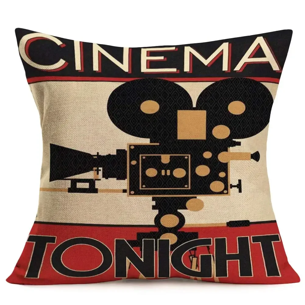 Movie Projector Pattern Linen Pillowcase, Living Room Sofa Cushion Cover, Home Decoration, Stylish Home Pillowcase