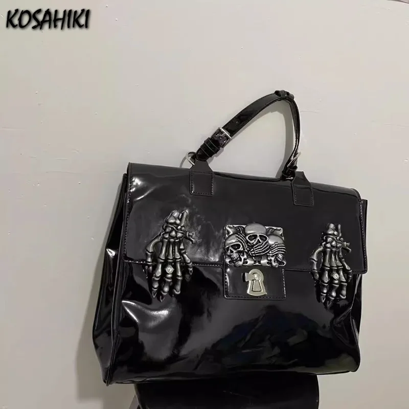 Patent Leather High-capacity Grunge Shoulder Handbags Punk Streetwear Crossbody Bag Y2k Aesthetic Skull Messenger Bags Trendy