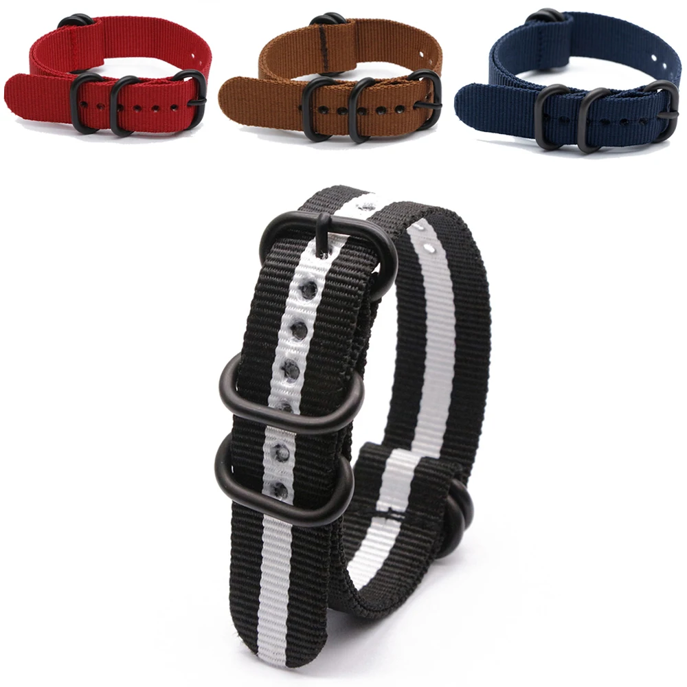 3  Army Sports Wristband for Watch Strap Nylon Cloth Stripe Bracelet with Black Heavy Ring Buckle for 18mm 20mm 22mm 24mm