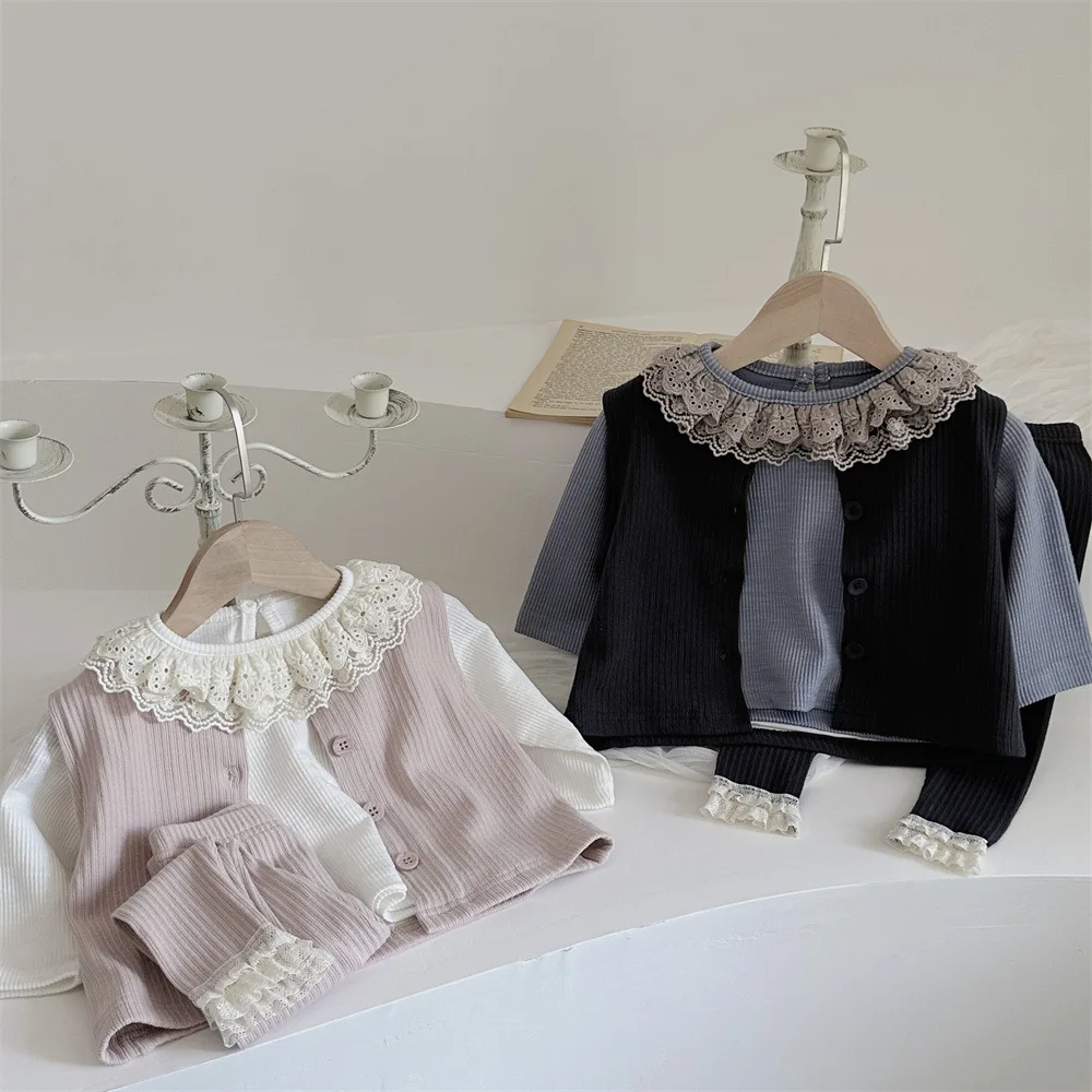 2025 Autumn New Baby Sleeveless Clothes Set Solid Infant Girl Cotton Vest + Lace Leggings 2pcs Suit Toddler Outfits