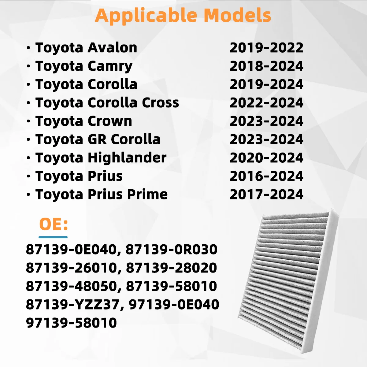 Yitong Innenraumluftfilter CF12157 ist geeignet für Toyota Avalon Rav4 Camry 87139-0e040 87139-0r030 72880-Fl00a Autoteil. – Detail 8