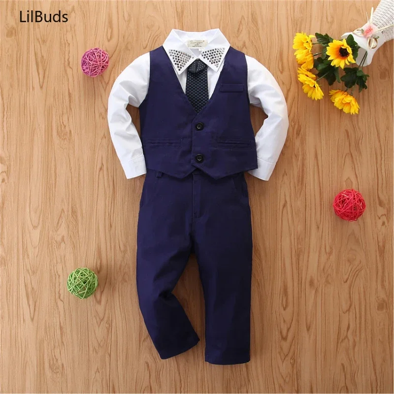 

2024 Boys Clothing Set Handsome Kids Teen Gentleman Clothes Children Costume Set Tops+vest+pants 3PCS Outfit Mathing Autumn