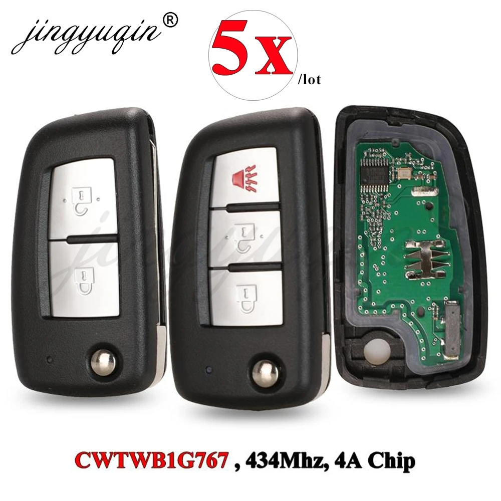 

jingyuqin 5pcs 433MHz 4A PCF7952E Flip Remote Key For Nissan Qashqai J11 Pulsar C13 Juke F15 X-Trail T32 Micra CWTWB1G767 2/3BT