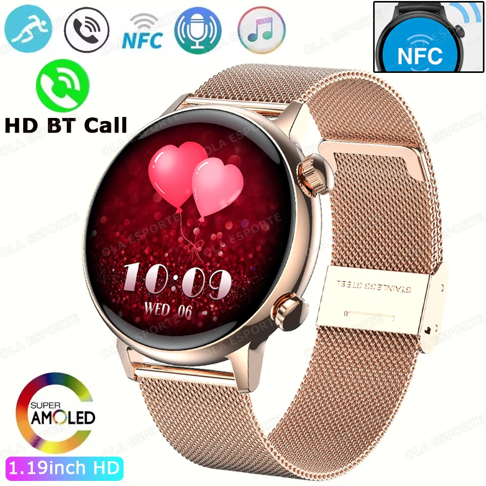 

Новые модные женские умные часы 2025 NFC AMOLED BT Call Монитор сердечного ритма и сна Женские водонепроницаемые умные часы для управления здоровьем