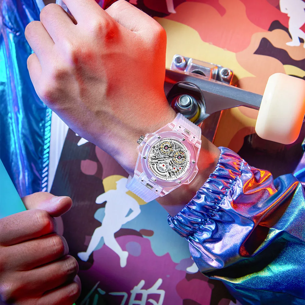 New Fashion Hollow Transparent Mechanical Watch for Men Silicone Strap Waterproof Luxury Automatic Tourbillon Watch Men's Clock