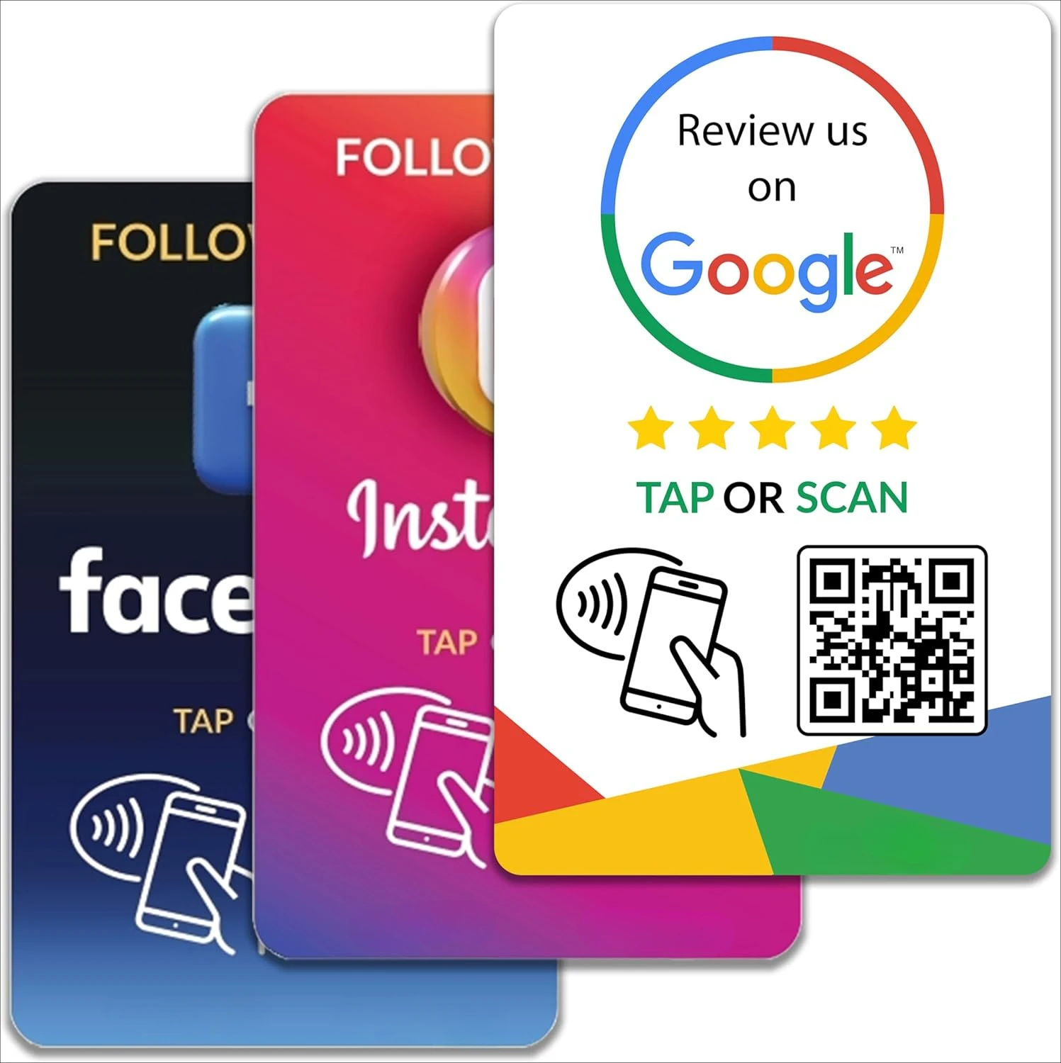 Google Review Tap Cards Follow Us & Facebook Social Reviews & Followers  Compatible All Phones Tap NFC & QR