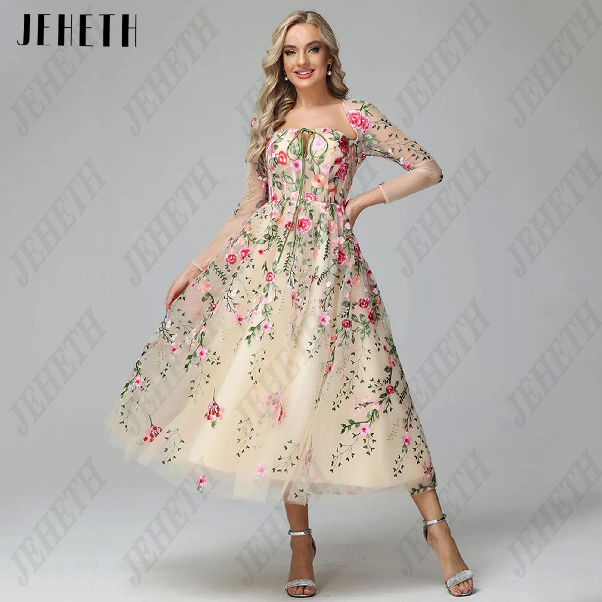 

JEHETH Strapless Floral Prom Dress Long Sleeves Backless Flowers Fairy Evening Gowns فستان سهرة نسائي Ankle Length Customized