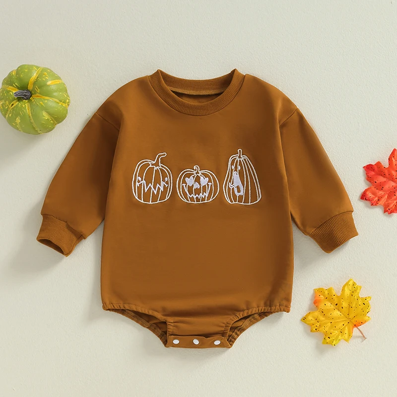 2024-05-29 Lioraitiin Baby Halloween Fall Romper Witch Pumpkin Embroidered Long Sleeve Round Neck Jumpsuits