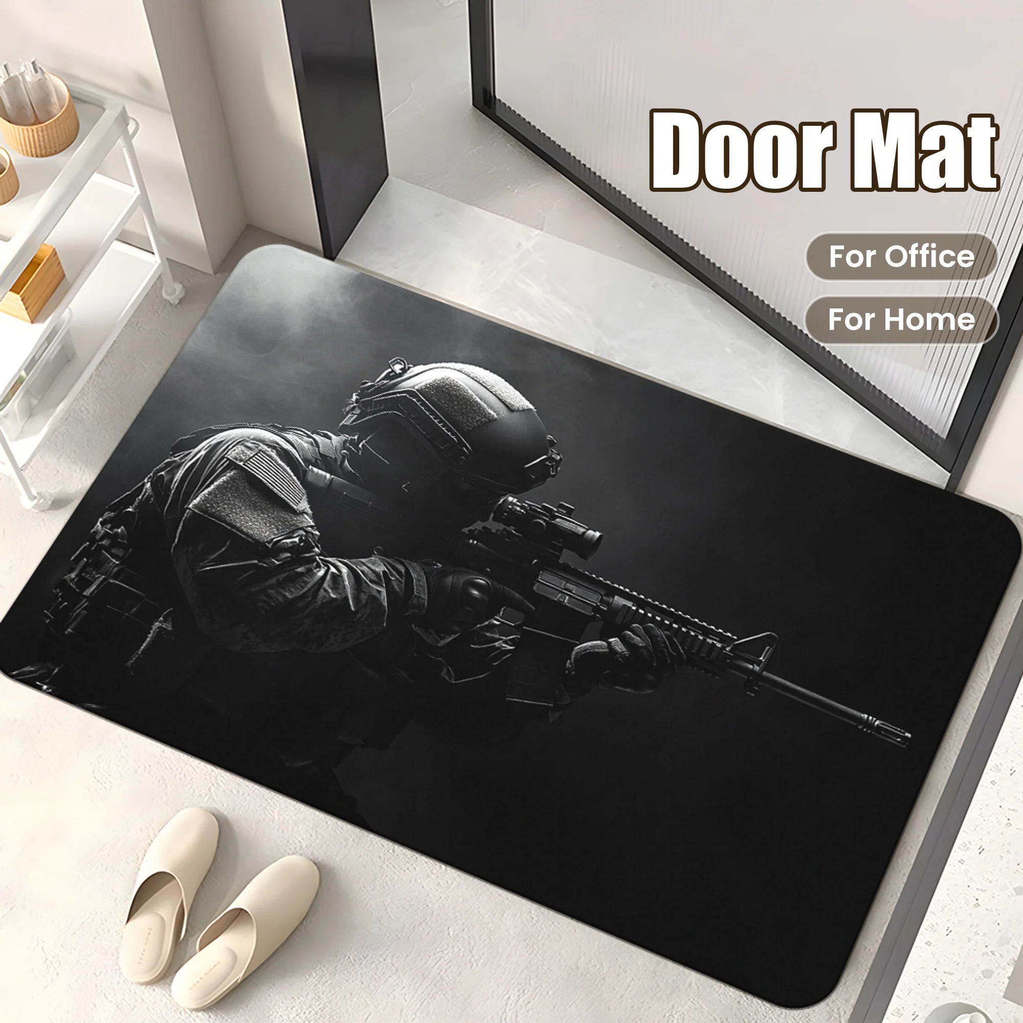 1pc Flannel Doormat, Outdoor Indoor Door Mat Souvenir and Holiday Gift, 1pc Door Mat with Tactical Soldier Design, Machine Washa