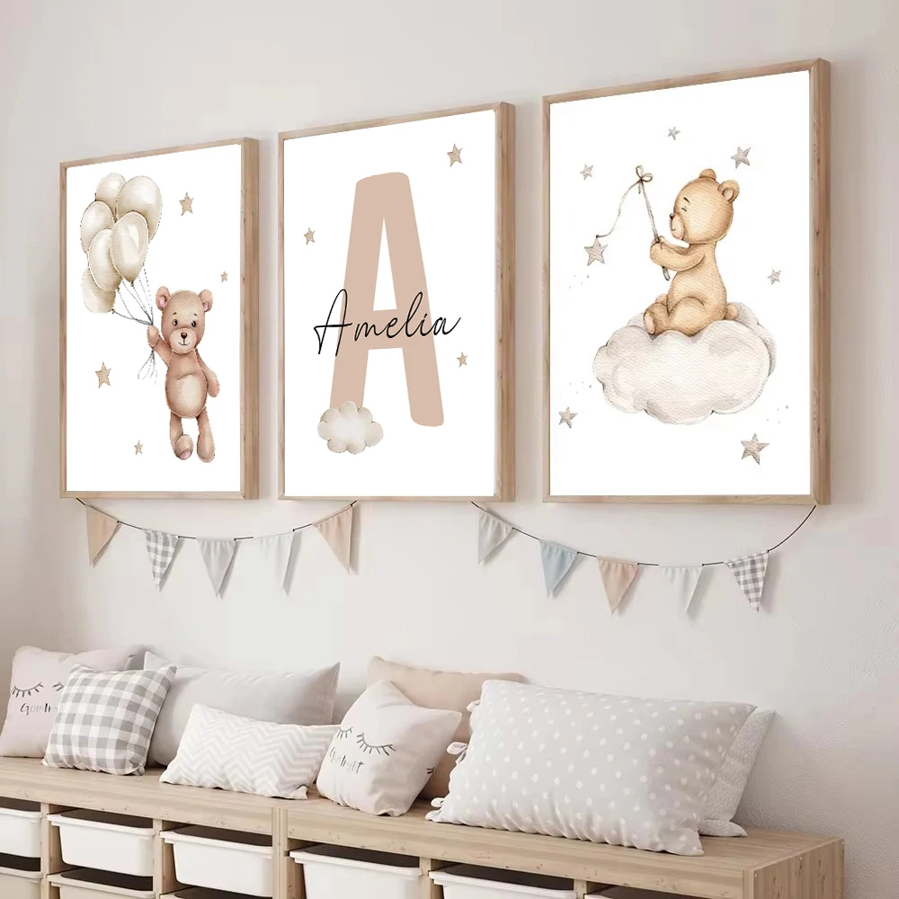 3pcs/set Customized Baby Personalized Name Cartoon Bear Canvas Print Animal Nursery Wall Poster for Children's Room Home Decor image 4