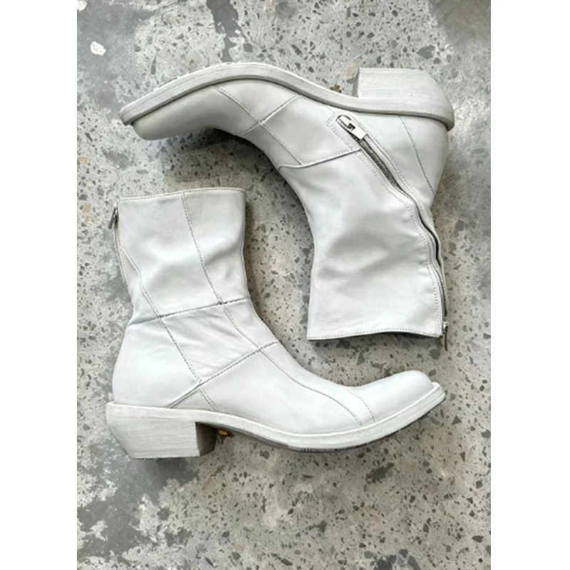 Men White Side Zipper Block Heel Ankle Boots Pointed Toe Vintage Stitched Western Cowboy Boots Streetwear Male Shoes Short Boots