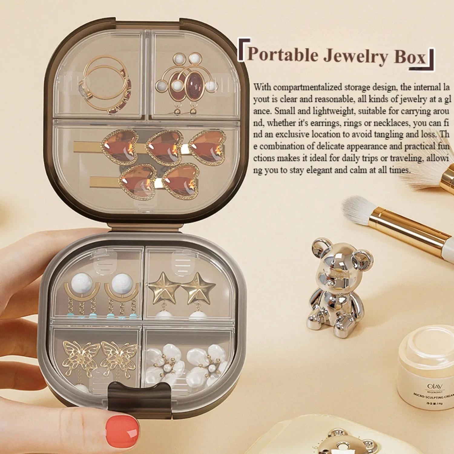 

Cute Bear Jewelry Box, Portable Travel Organizer,Earrings,Rings,Necklaces,Portable Jewelry Storage Box,with Separate Compartment