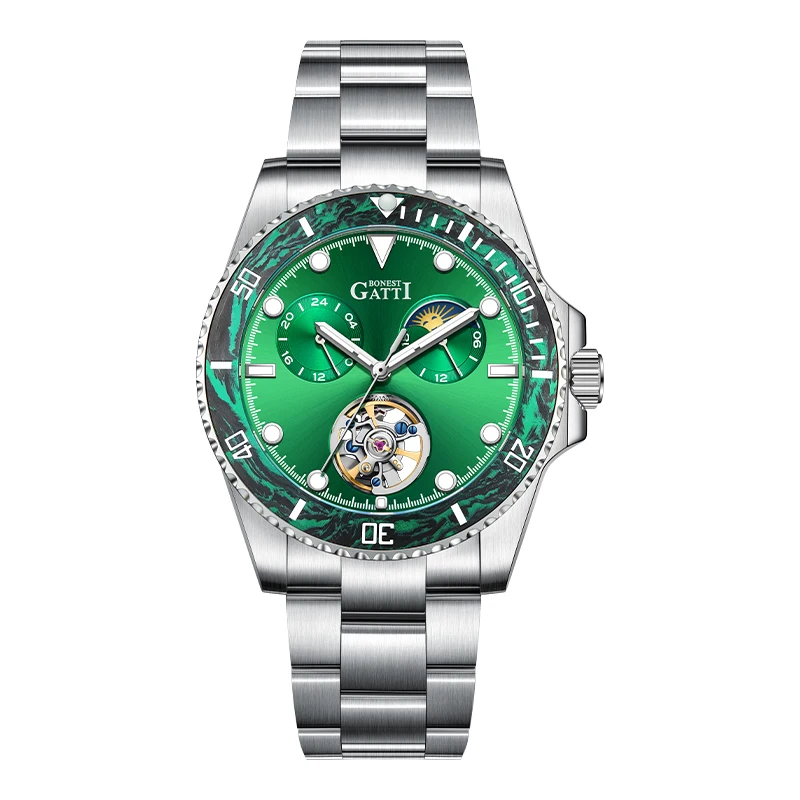 BONEST GATTI Orologio automatico da uomo 42mm Orologio da polso meccanico 10Bar Zaffiro quadrante scheletrato luminoso Lunetta in fibra di carbonio