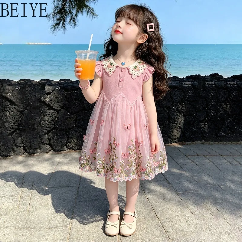 Girls Pink Tulle Princess Dress Strawberry Butterfly Floral Mesh Dress Toddler Embroidery Doll Collar Flutter Sleeve Sundress