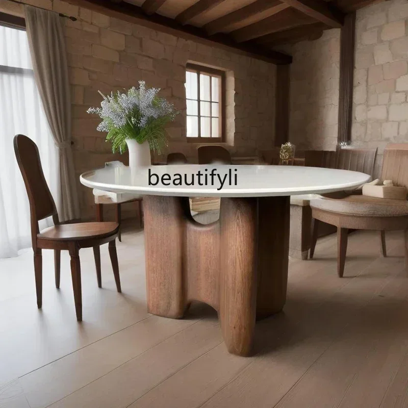 

FAMedieval solid wood round dining table household walnut retro high art round table designer creative round dining table