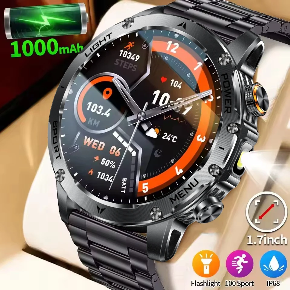 New 1000mah Battery Smart Watch Men Sports Fitness Watches LED Flashlight 3ATM Waterproof BT Call Smartwatch For Android IOS
