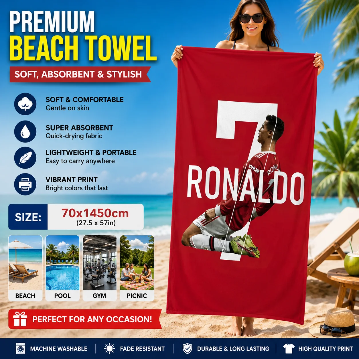 Ronaldo Beach Towel World Soccer Cup Towel Quick-drying Towel Suitable for Seaside Pool Camping Vacation Yoga For Family Friends