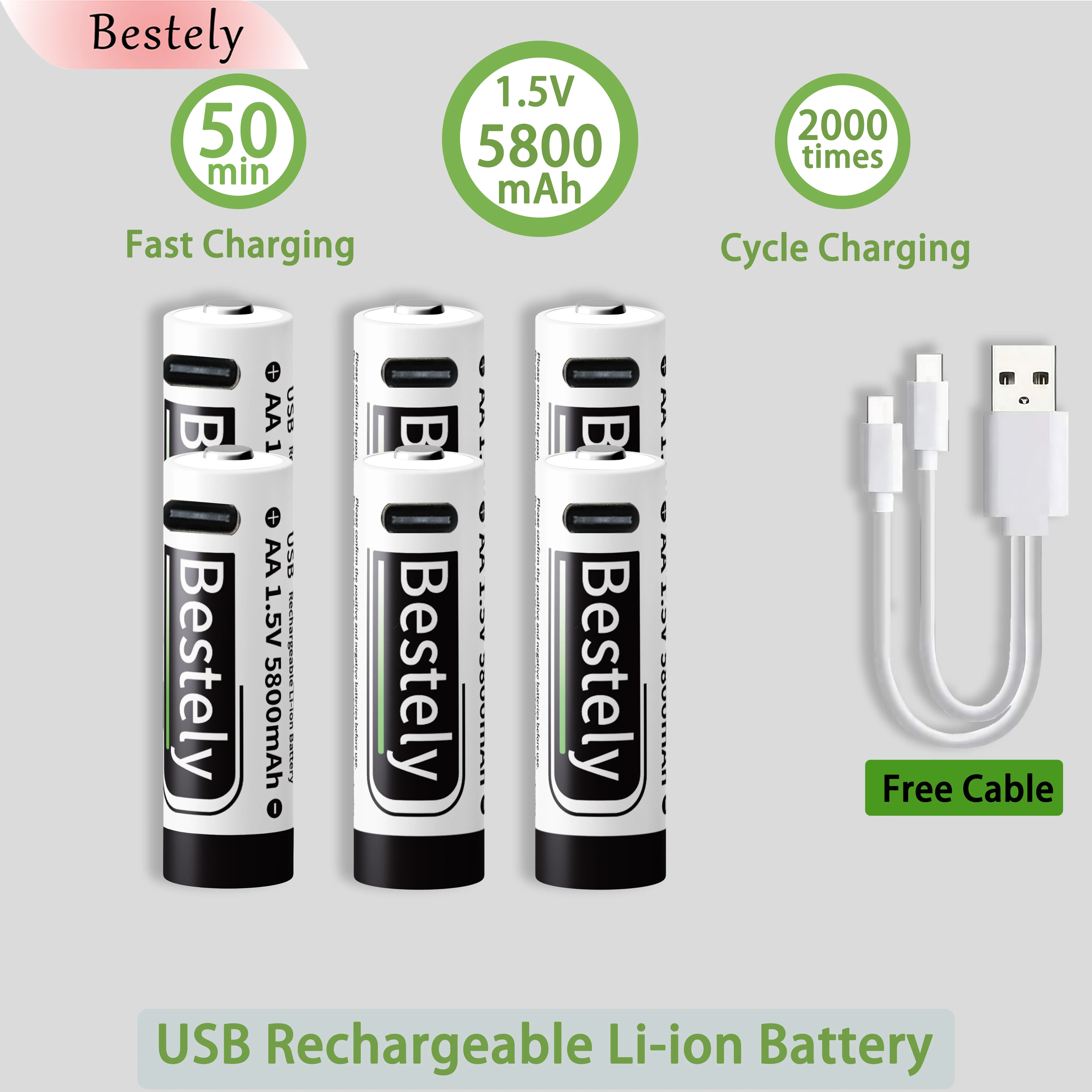 أفضل بطارية ليثيوم أيون قابلة لإعادة الشحن USB 1.5 فولت AA 5800 مللي أمبير في الساعة، AA شحن سريع ليثيوم أيون Akku، دورة 2000 مع كابلات منفذ USB-C #4