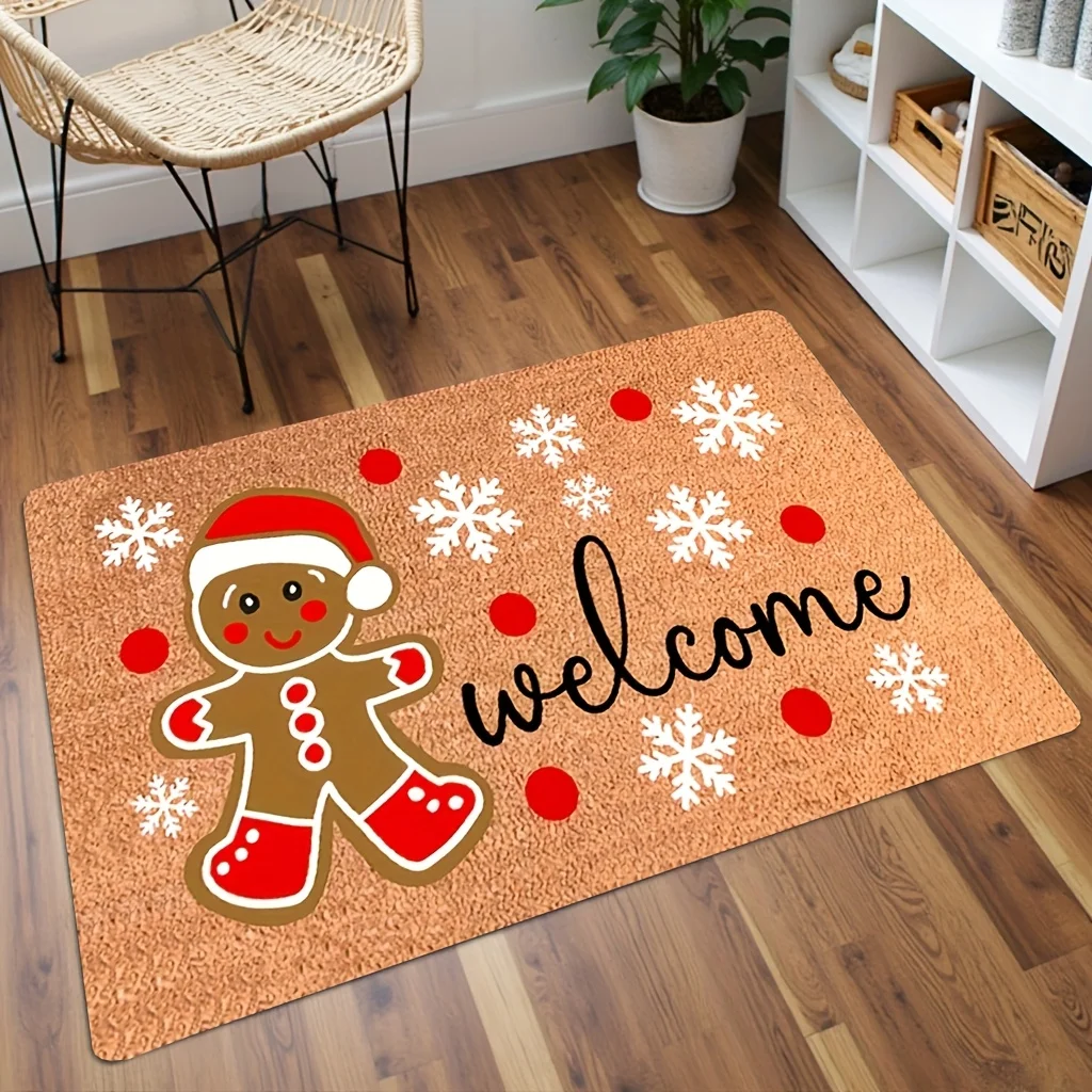 1pc Christmas Gingerbread Man Snowflake Red Nose Pattern Door Mat, Holiday Cartoon Style Indoor Outdoor Non-Slip Mat, Machine