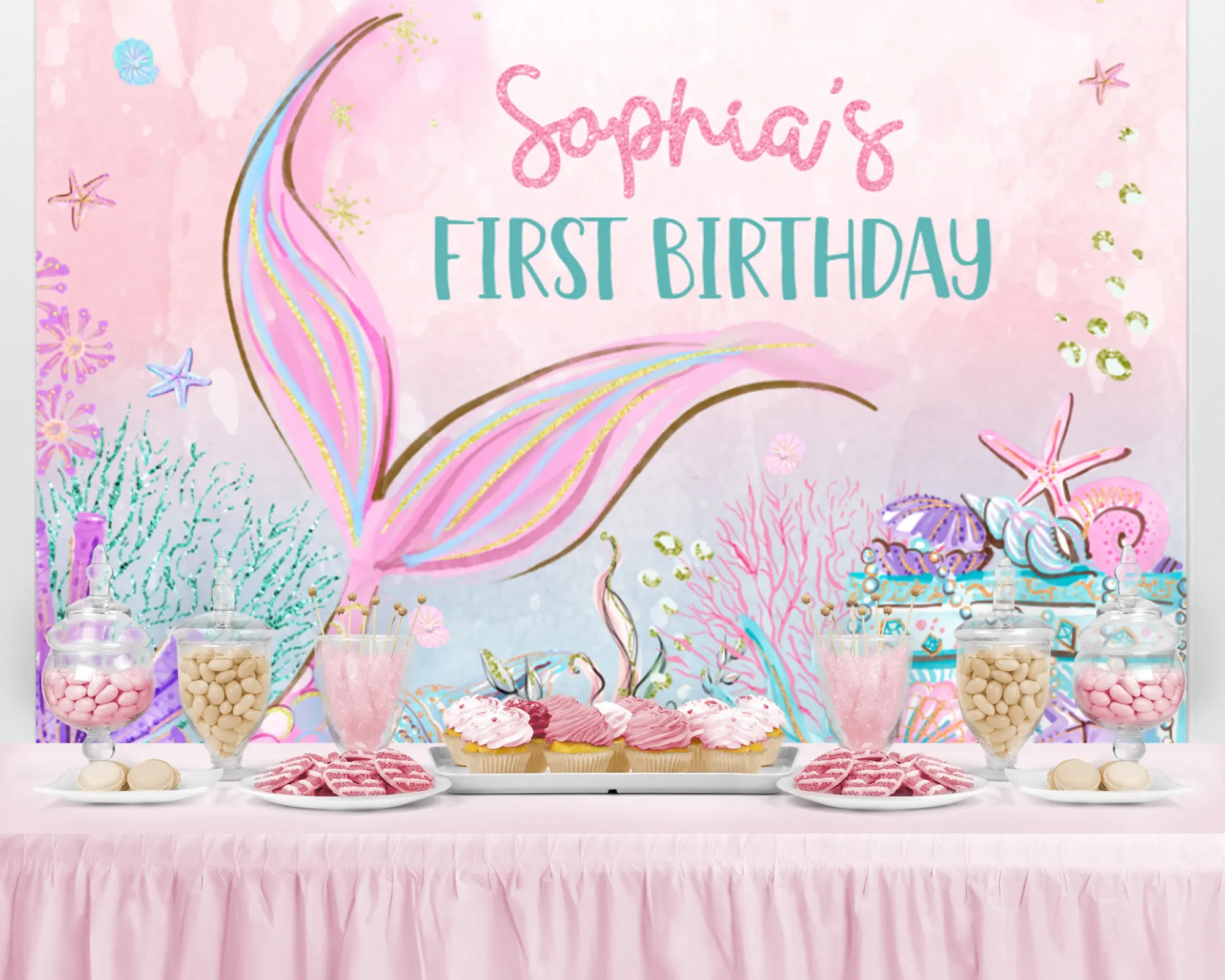 

Mermaid Birthday Backdrop Banner Pink Mermaid Tail Fantasy Customizable Princess Baby Shower Decoration Photography Background