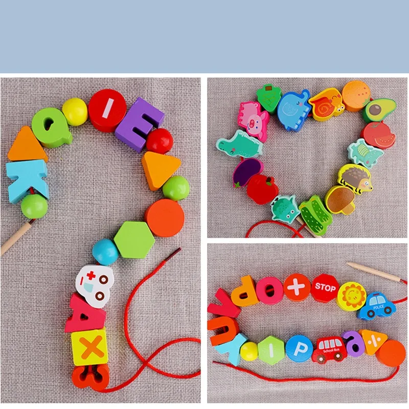 Monterssori Baby DIY Wooden Toys Cartoon Fruit Animal Stringing Threading Wooden Beads Educational Toys for Kids Christmas Gift