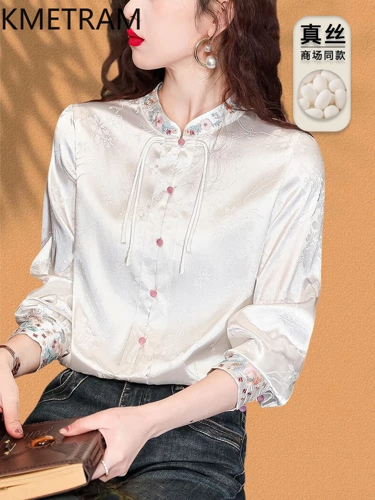 

KMETRAM Natural Mulberry Silk Blouse Woman Chinese Style Elegant Tops for Woman Clothing Elegant Women's Shirts 2025 Spring