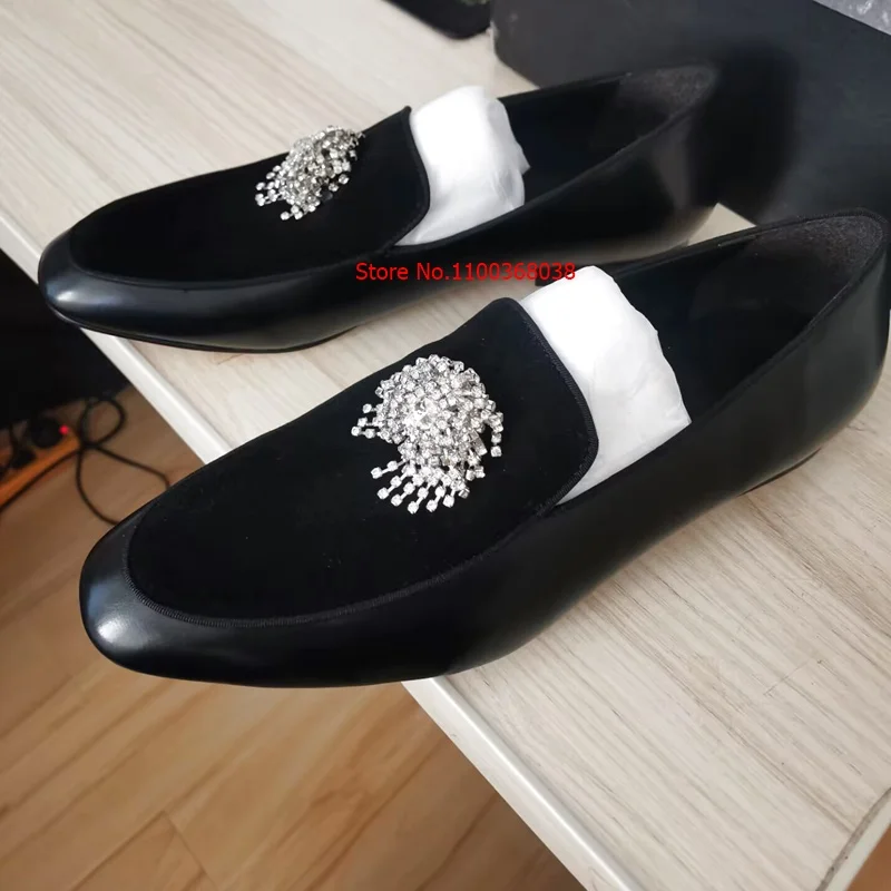 New Arrival Men Rhinestone Loafers Black Leather Shoes Handmade Crystal Tassel Dress Shoes Men Party And Wedding Shoes