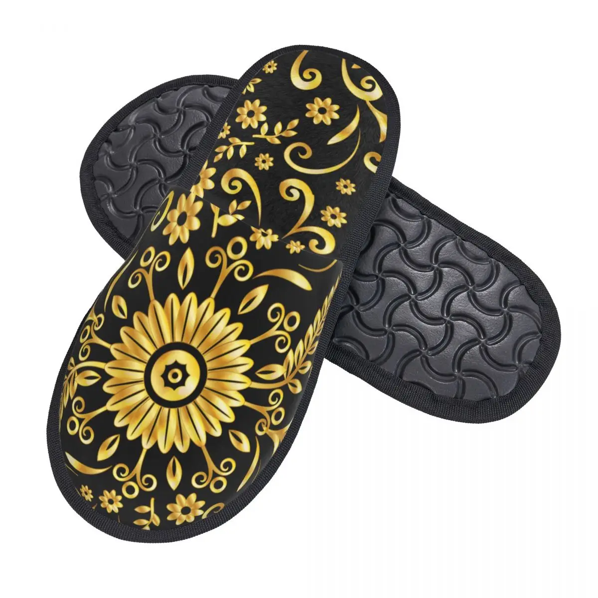 Custom Gouden Bloemen Naadloze Zachte Traagschuim Huis Slippers Vrouwen Europese Barok Gezellig Warm Anti-Slip Zool Slipper