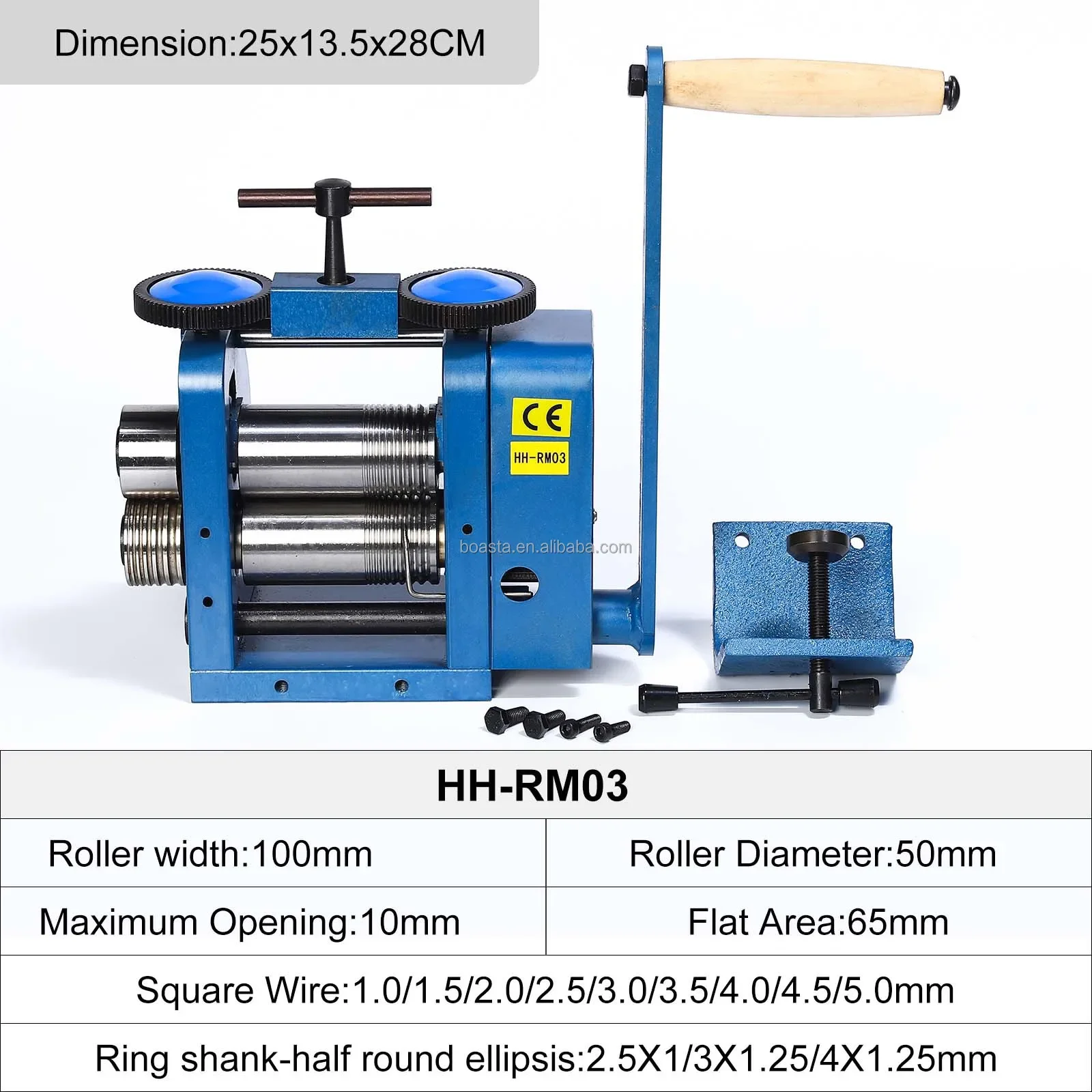 Boasta HH-RM03 Manual Jewelry Rolling Mill 100mm Steel Roller 50mm Dia 10mm Opening Sheet Wire Ring Shank Mill