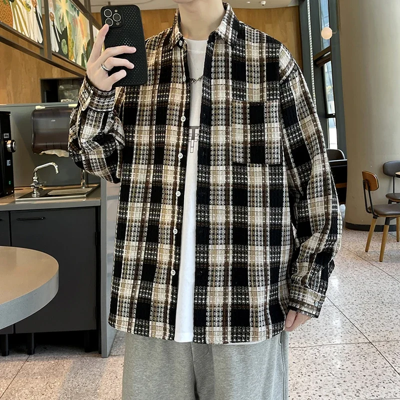 Vintage Long-sleeved Men Woolen Shirt Autumn Spring Hip Hop Baggy Cargo Plaid Men's Shirts High Quality Casual Mens Clothing 5XL