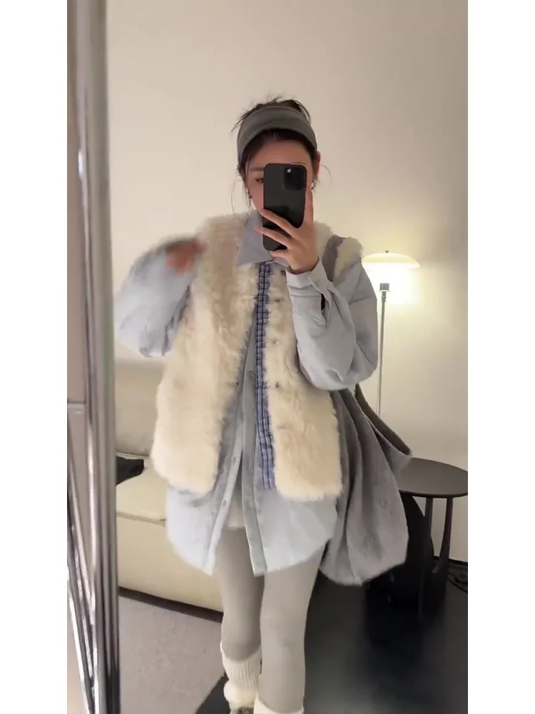 Loose Fit  Collar Cotton Jacket Women's Mid-Length Korean Style Light Blue Slimming Outerwear for Autumn Winter