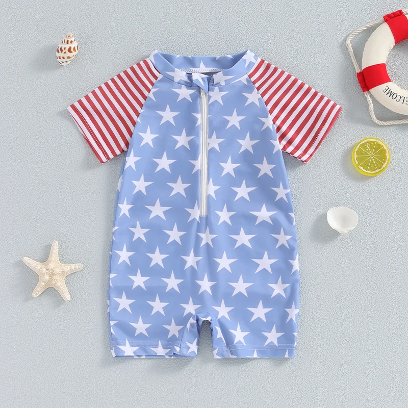 Boys 4th of July Swimwear Star Stripe Print Zipper Short Sleeve Rash Guard Swimsuit Beachwear Bathing Suit