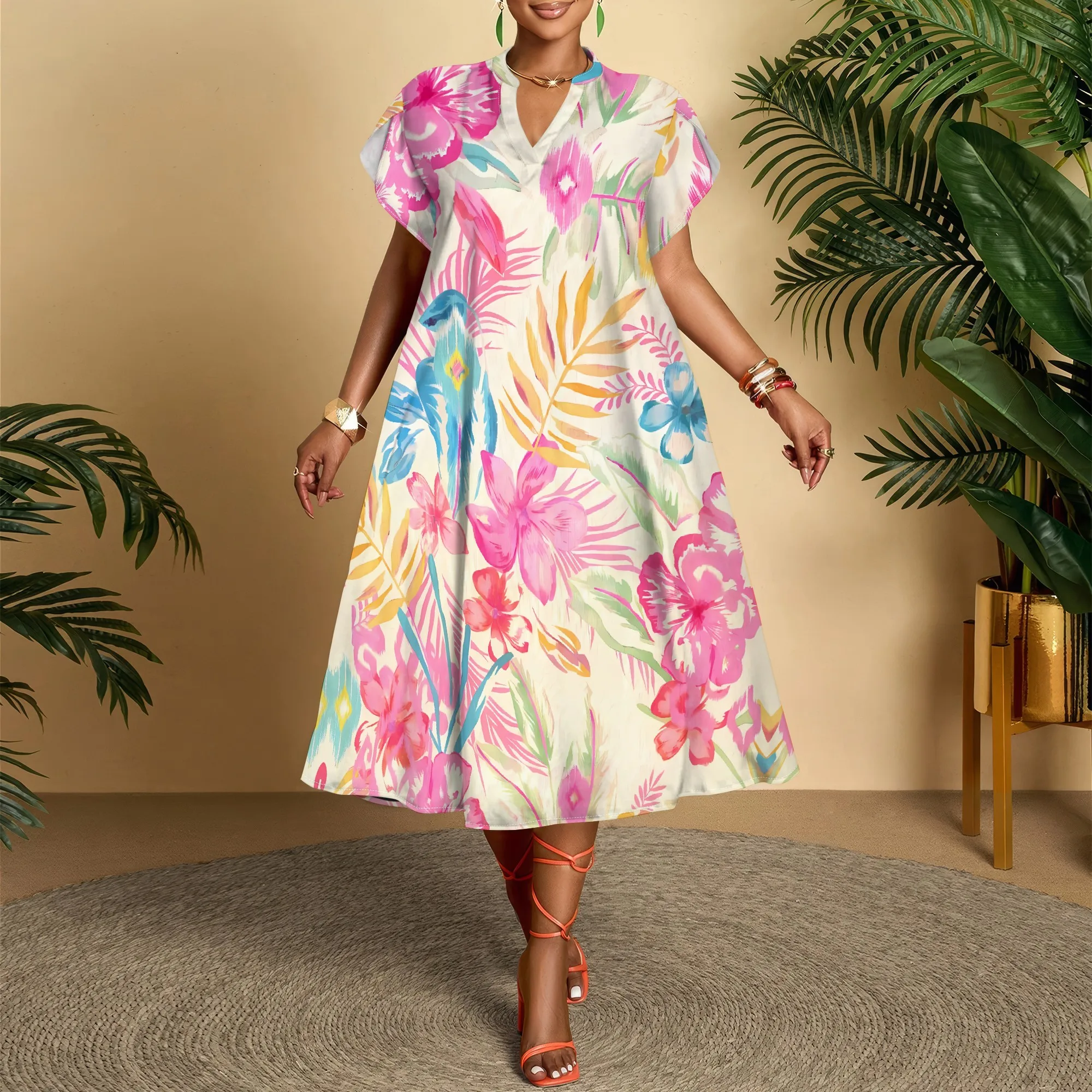 

Nupusa Tropical Floral Print Dress for Women Regular Size Summer Casual V Neck Short Sleeve Midi Dress