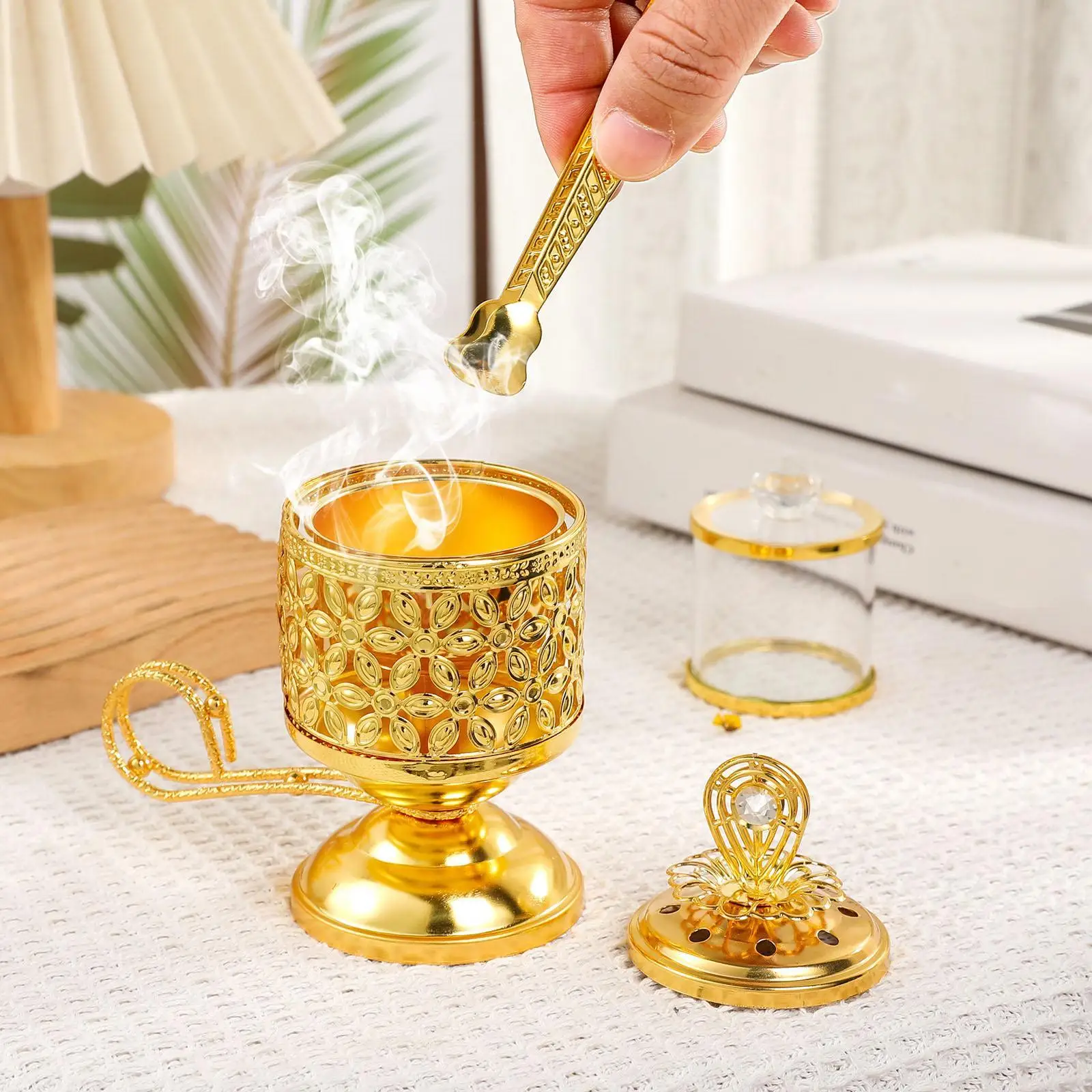 Arabic Incense Burner Desktop Ornament with Handle Table Centerpiece Bakhoor Burner Censer for Meditation Bedroom Desk SPA