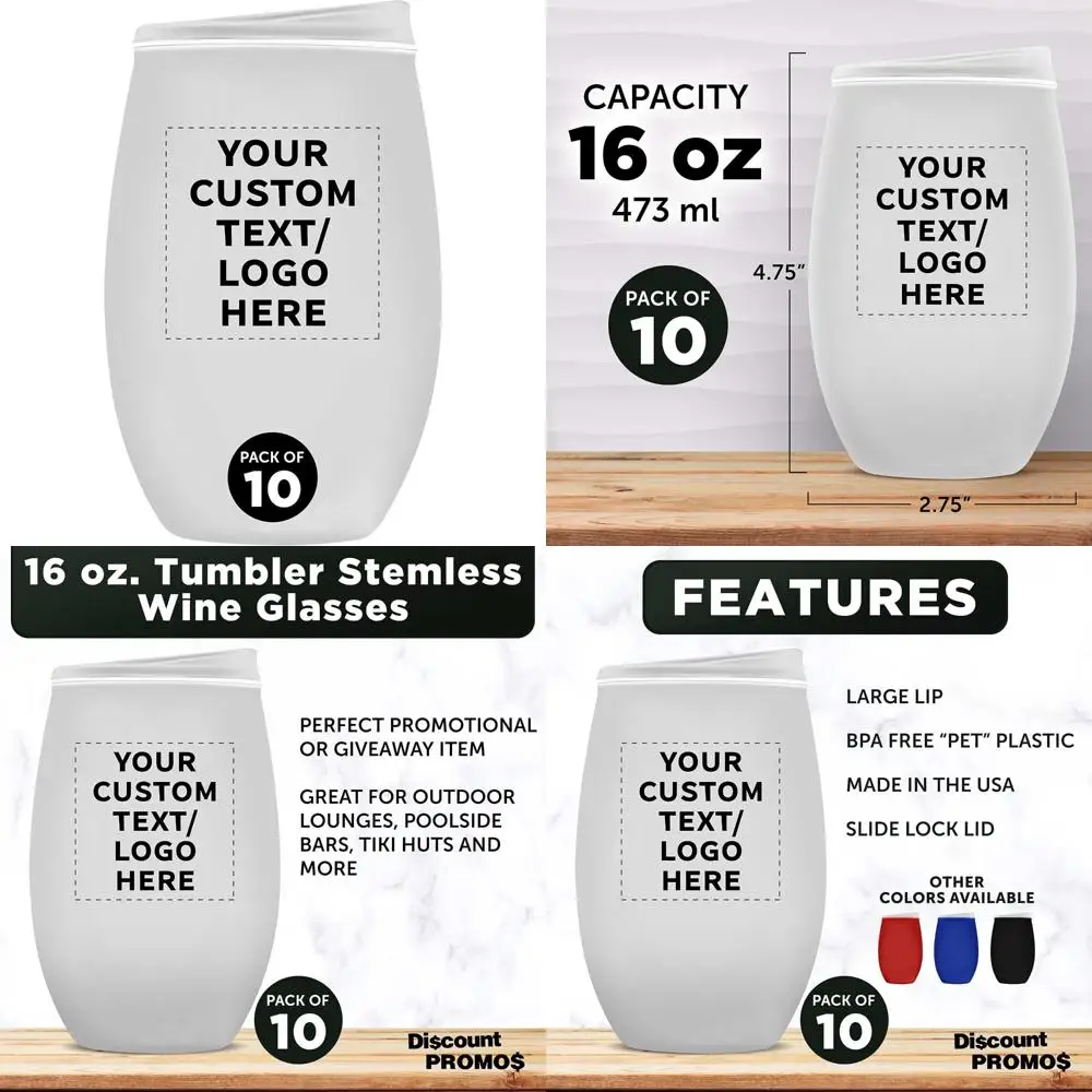 

Personalized 16 oz Stemless Wine Glasses Set of 10 - Ideal for Wine, Cocktails, Hot & Cold Beverages, Bulk Customizable Options