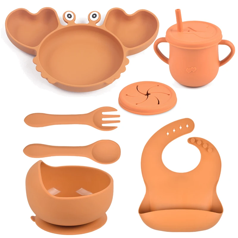 6PCS/Set Baby Silicone Sucker Drinkware Dishes Plate Tableware Kids Bowl Spoon Fork Bib Feeding Set for Child Stuff Accessories