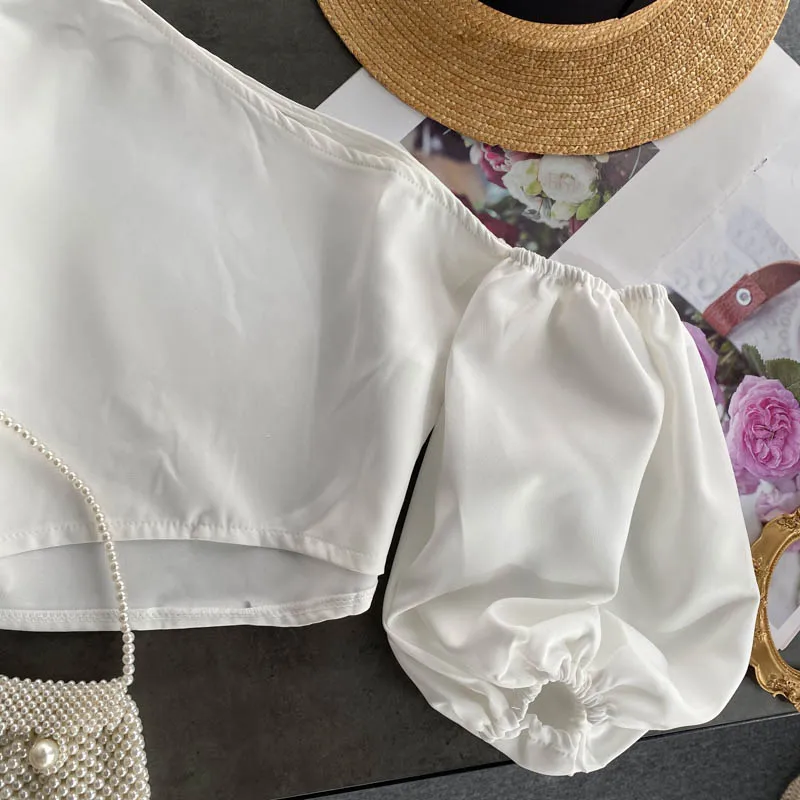 Vintage Elegant sweet Skew Collar Off Shoulder puff sleeve Blouse Fashion Shirt Casual Chic Top Fairy Summer Women