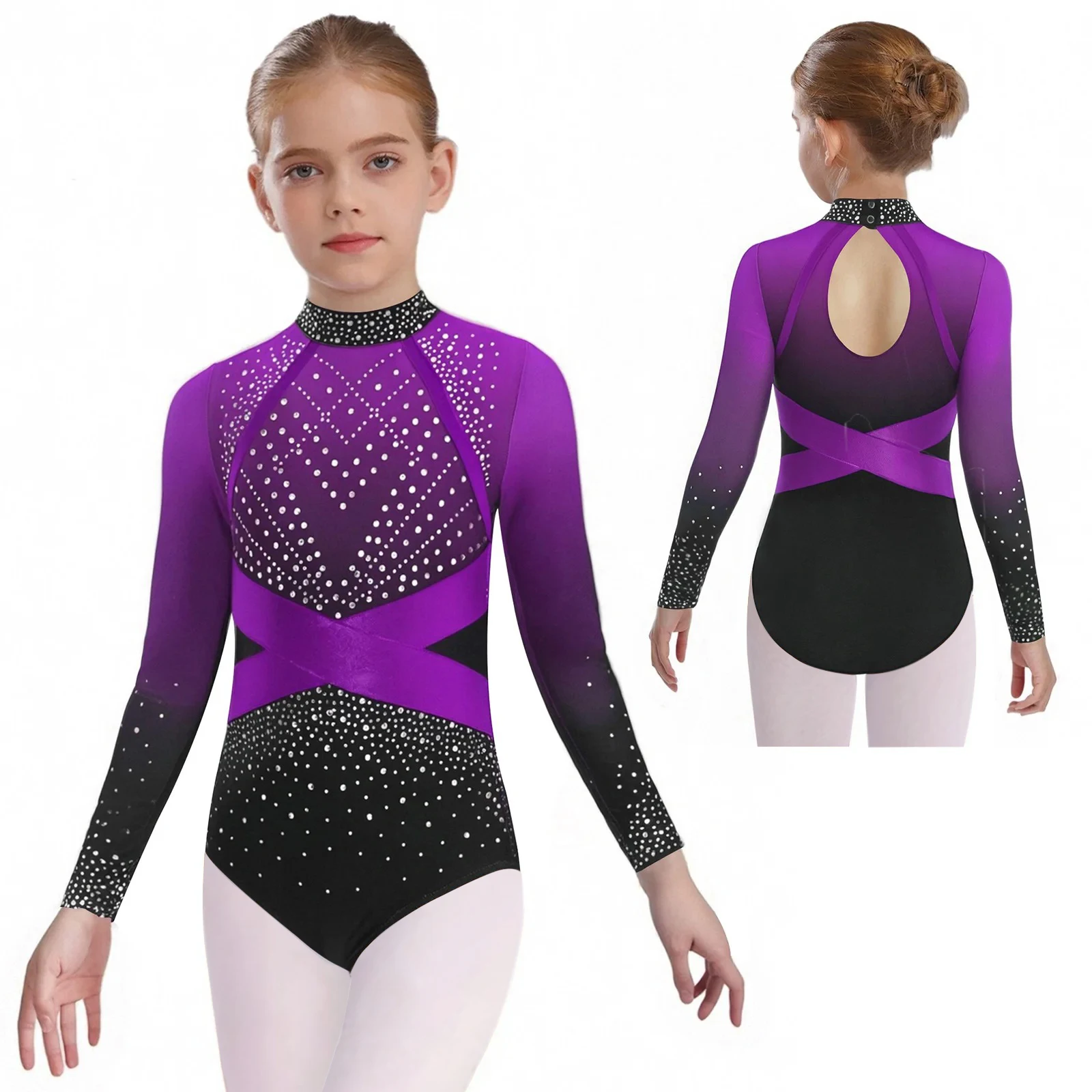

Kids Girls Gymnastics Leotard One Piece Ballet Dance Bodysuit Shiny Faux Diamonds Color Block Long Sleeve Ballerina Jumpsuit